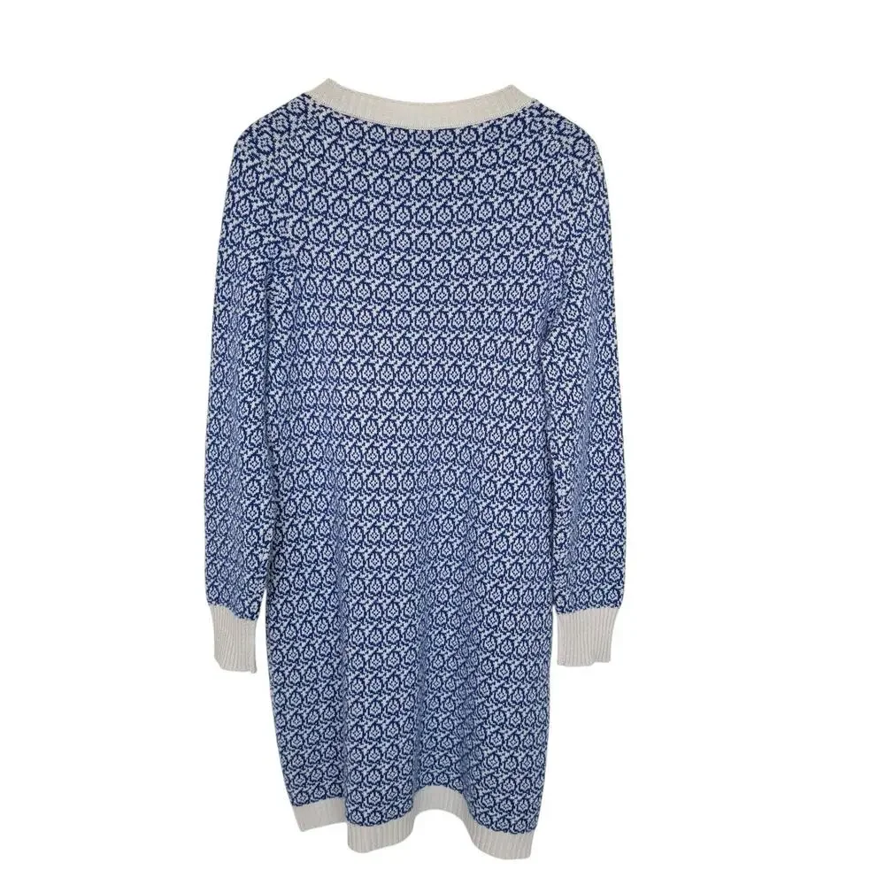 CHANEL 100% Cashmere Knit Dress Blue White Pattern Long Sleeve IT 46